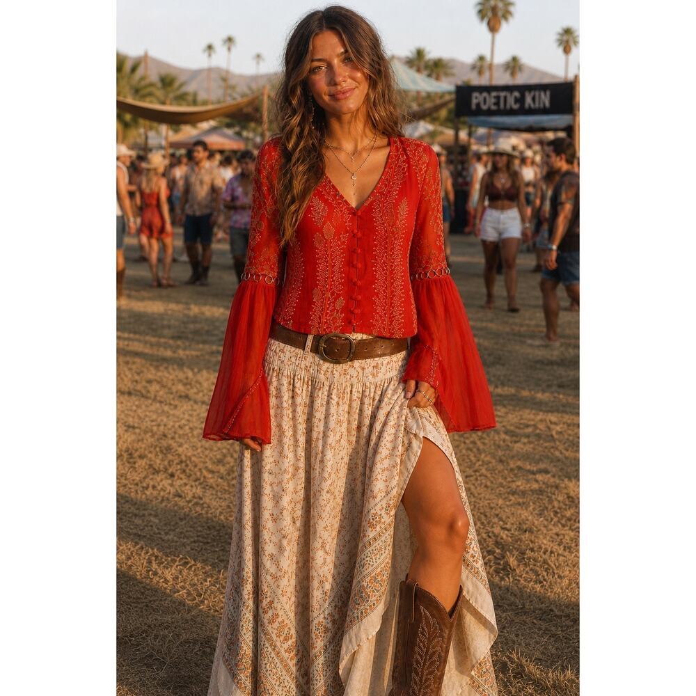Free People Embroidered Ring Detail Blouse Red Boho Sheer Sleeve Top Medium
